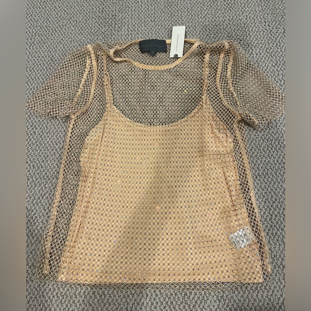 Anthropologie bedazzled short sleeve top with camo underneath- NWT!